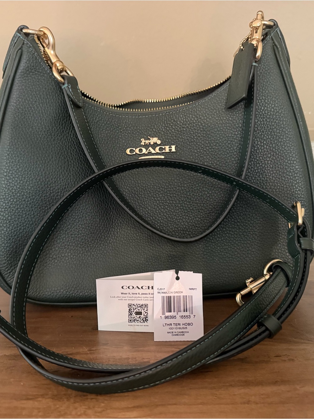 Coach Teri Hobo Green Gold Leather Shoulder Bag purse convertible NEW - Picture 8 of 15